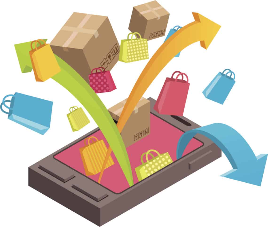 Vector illustration, visualization of online shopping via mobile phone. EPS8 format. Ai, cdr, hi-res jpg and hi resolution png with transparent background included.
