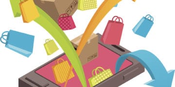 Vector illustration, visualization of online shopping via mobile phone. EPS8 format. Ai, cdr, hi-res jpg and hi resolution png with transparent background included.