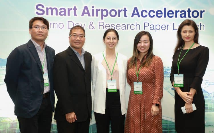 Five startups showcase their innovative technologies and solutions for the travel industry on HKSTP’s “Smart Airport Acceleration Programme” Demo Day. Photo shows the representatives of the five companies (from left) Barry Leung, Founder & Director, Lambda Sense Limited; Rio Chau, CEO, RV Automation Technology Co. Ltd.; Kara Ma, Business Development Manager, PerceptIn Limited; Susie Yuan, Project Manager, CyPhy Media Limited; and Lilia Kanesvska, Managing Partner, DMS Solutions (Hong Kong) Limited. PHOTO from HKSTP