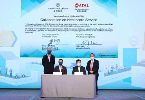 (L-R standing) Donald Choi, executive director and CEO of Chinachem Group, and Dr. Otto Poon, chairman of ATAL Engineering Group witnessed the signing of the latest MOU between their two companies. (L-R seated) Hung Han Wong, executive director and COO of Chinachem Group, and Victor Law, managing director of ATAL Engineering Group signed the document marking the two companies collaboration in healthcare facilities management in Hong Kong.